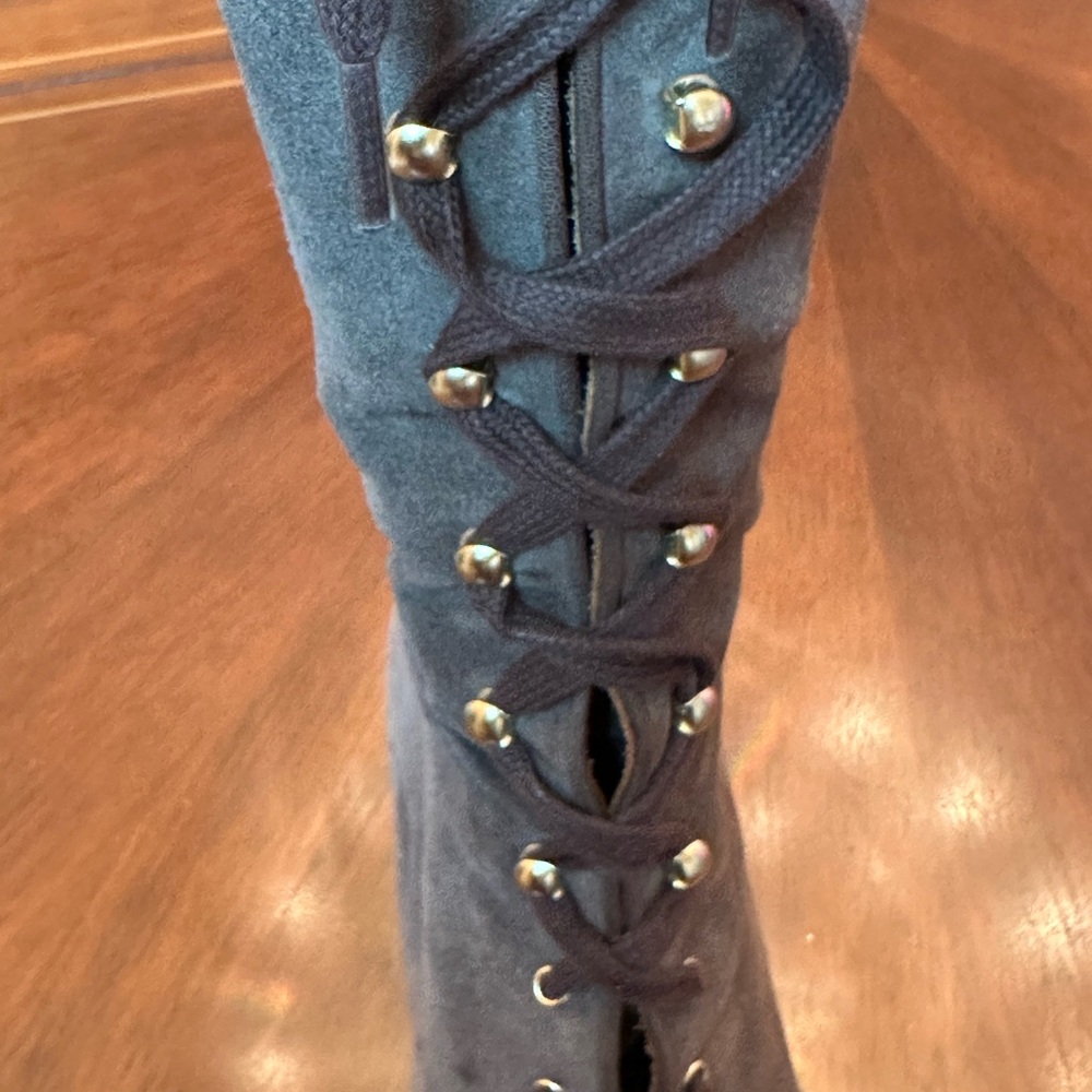 Genuine Suede Lace-Up Knee-High Boots Gold Hardware Italy - Picture 8 of 11